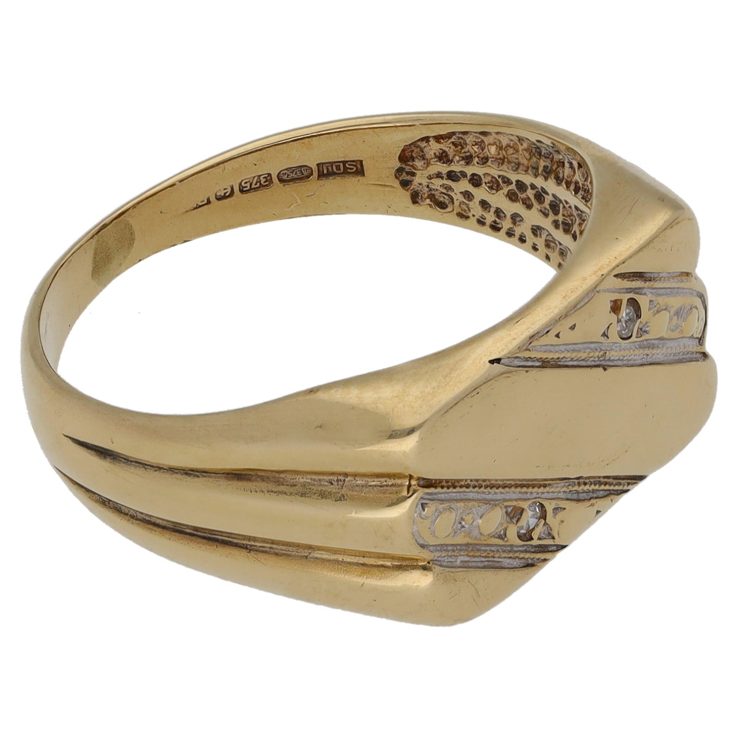 9ct Gold 0.01ct Diamond Patterned Signet Ring Size N
