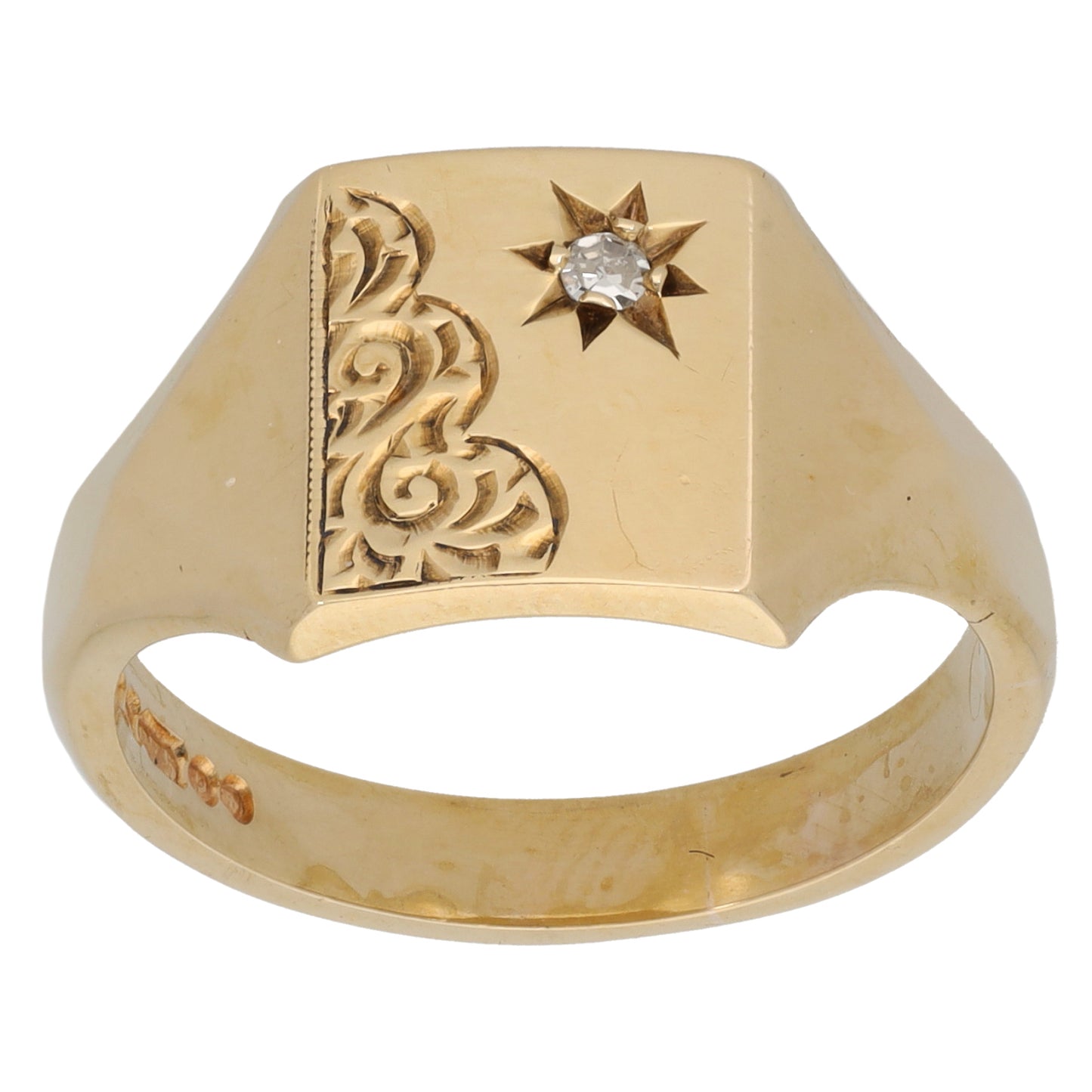 9ct Gold 0.04ct Diamond Patterned Single Stone Signet Ring Size U
