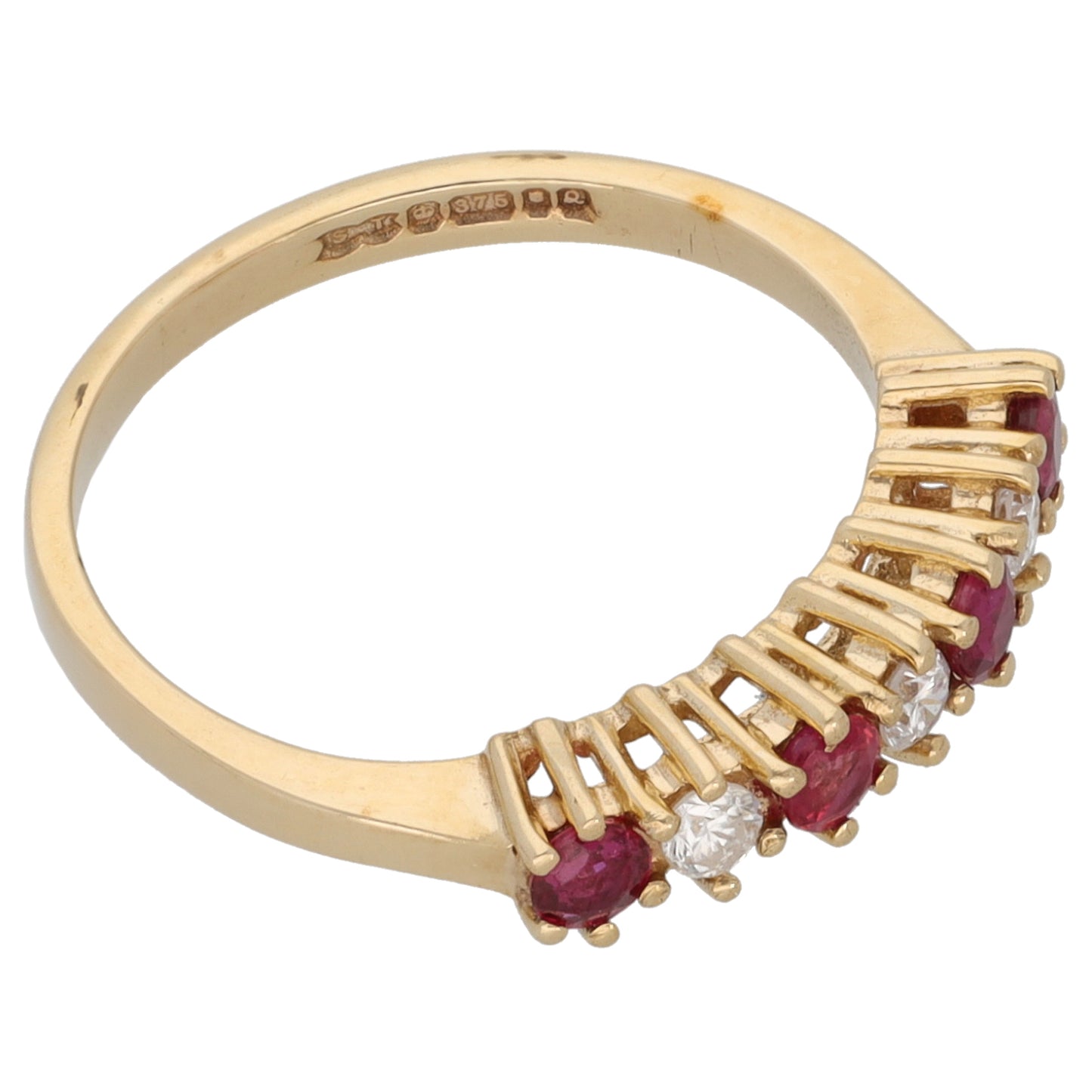 9ct Gold Glass Filled Ruby & 0.12ct Diamond Half Eternity Ring Size K