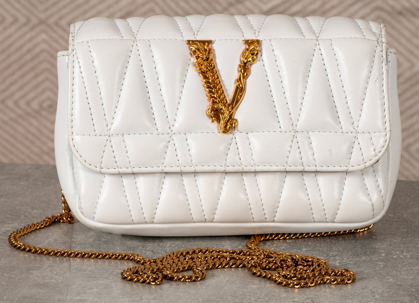 Versace Virtus Mini Wallet Chain Crossbody Leather Bag - White