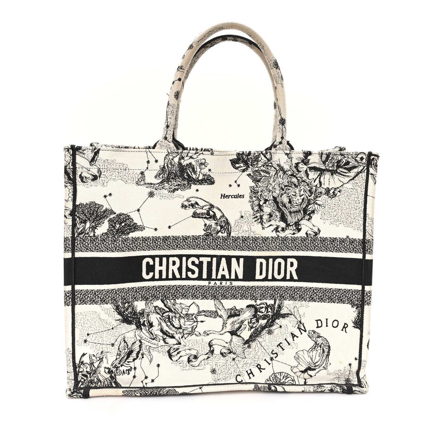 Christian Dior Embroidered Zodiac Canvas Book Tote Bag - Latte & Black