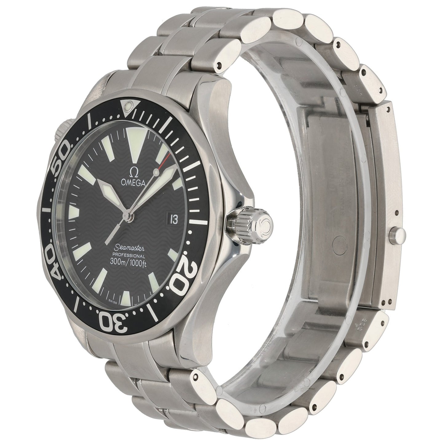 Omega Seamaster 2264.50.00 stainless steel diver watch with black dial, bezel, Quartz movement and metal bracelet