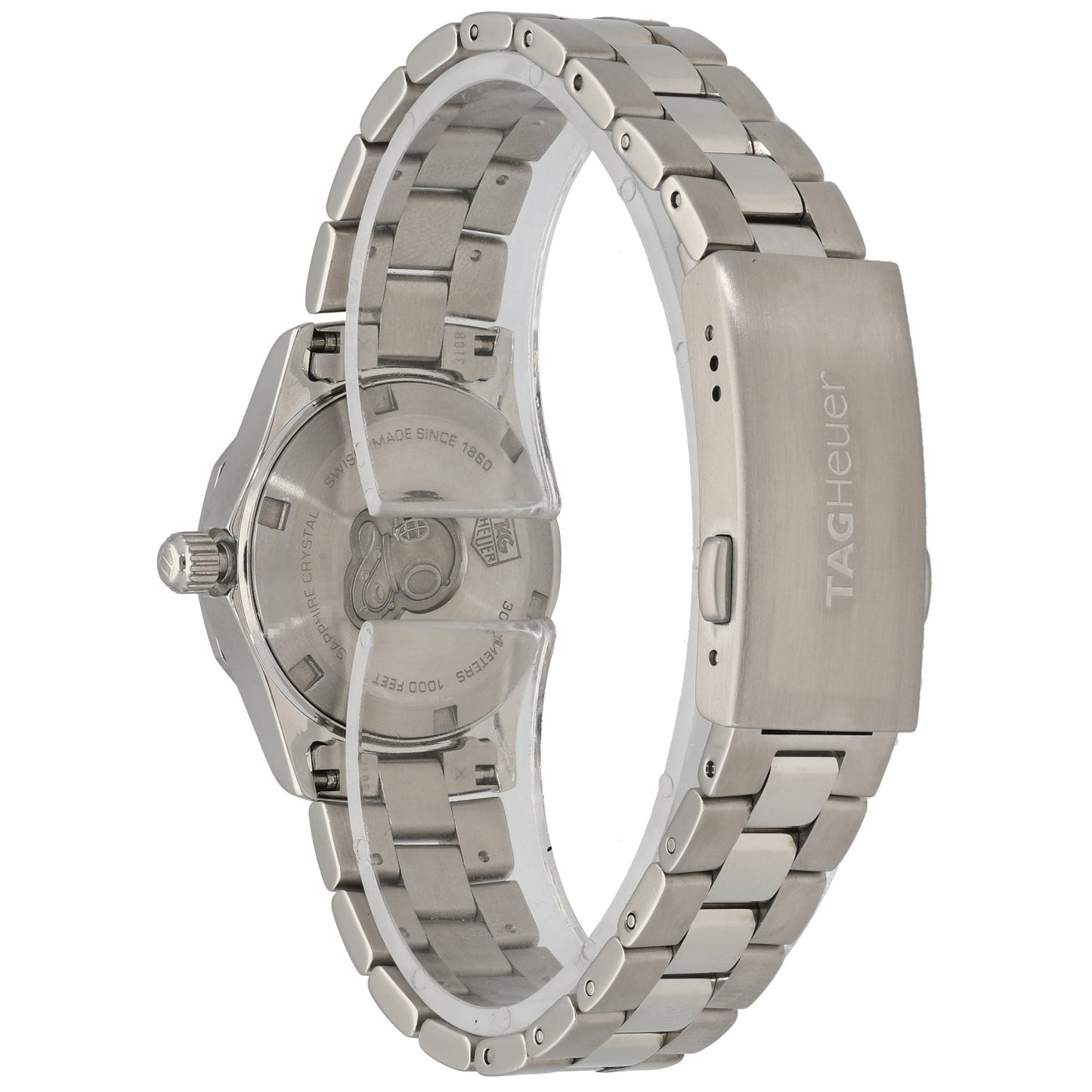 Stainless steel Tag Heuer Aquaracer WAF1414 watch with white dial, metal bracelet, date window, caseback view