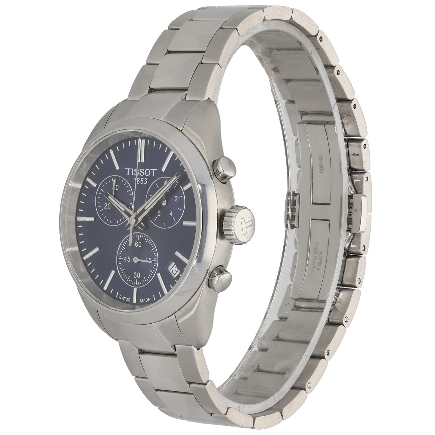 Tissot PR 100 T150417A Stainless steel wristwatch with round blue dial and linked metal bracelet, side view of sub dials