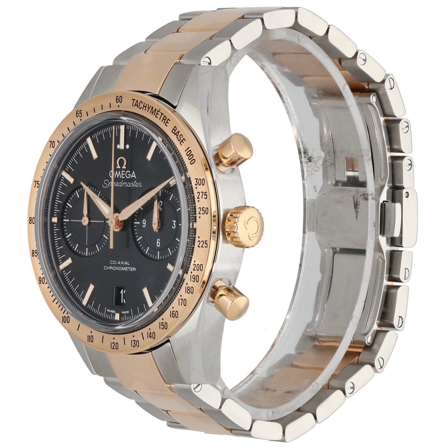 Omega Speedmaster 57 331.20.42.51.01.002 Bi-colour chronograph watch, black dial, steel and rose-gold bracelet, tachymeter bezel