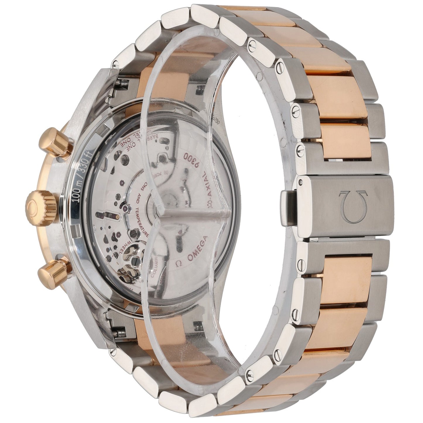 Omega Speedmaster 331.20.42.51.01.002 Bi-colour chronograph watch, black dial, steel and rose-gold bracelet, open caseback