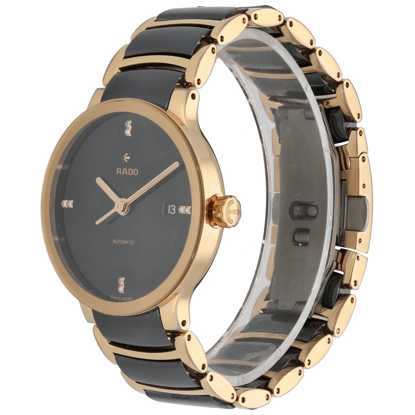 Rado Centrix 763.0036.3 black ceramic wristwatch with gold-tone case and bracelet, black dial, gold hands