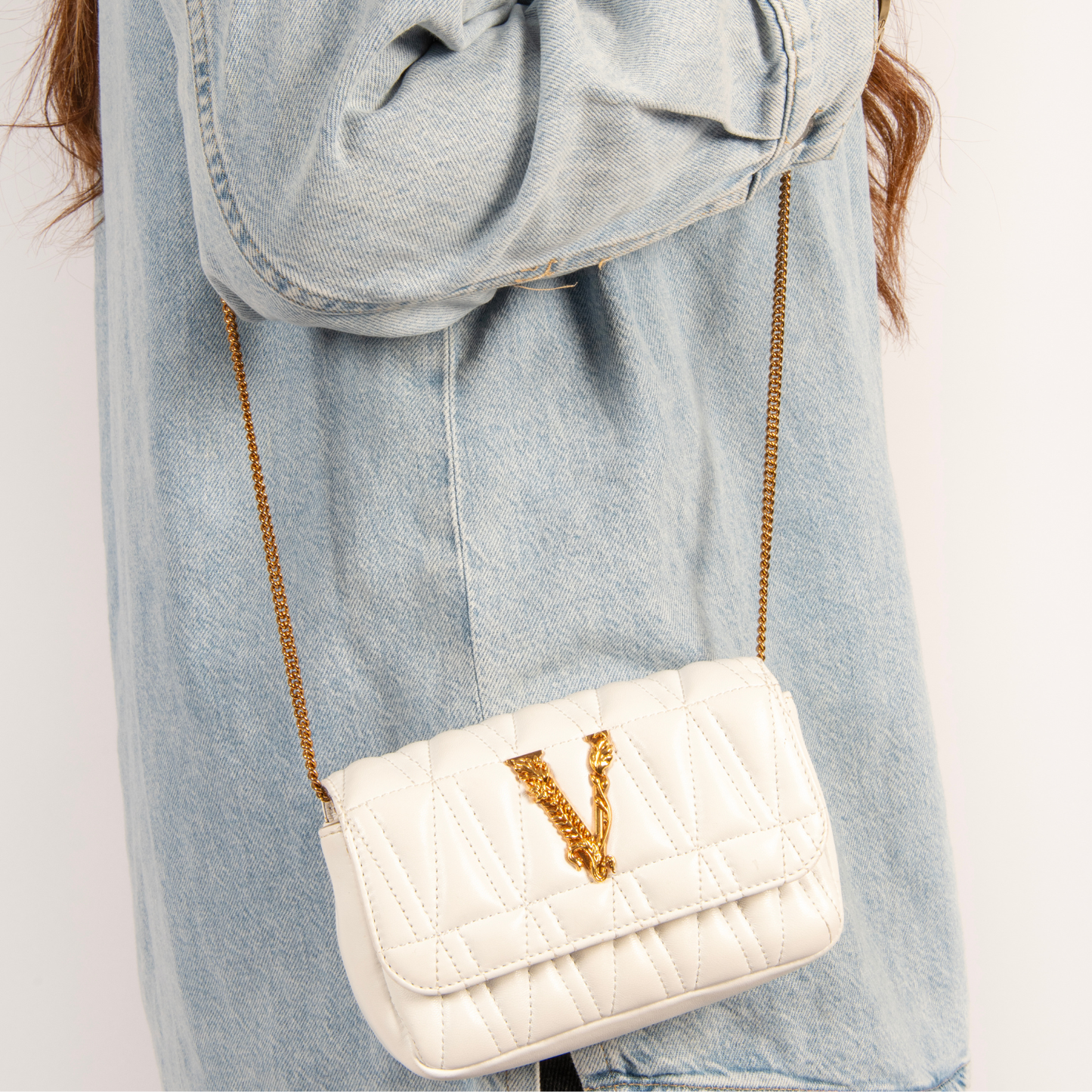 Versace Virtus Mini Wallet Chain Crossbody Leather Bag - White