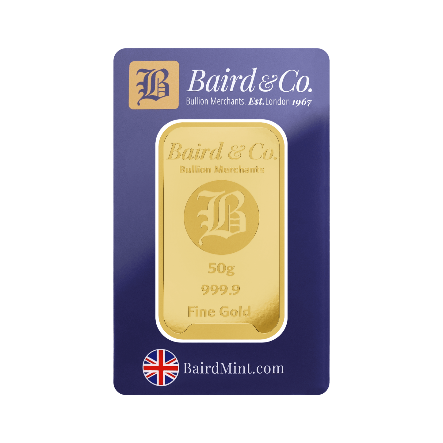 New Baird & Co 24ct 50g Gold Minted Bar