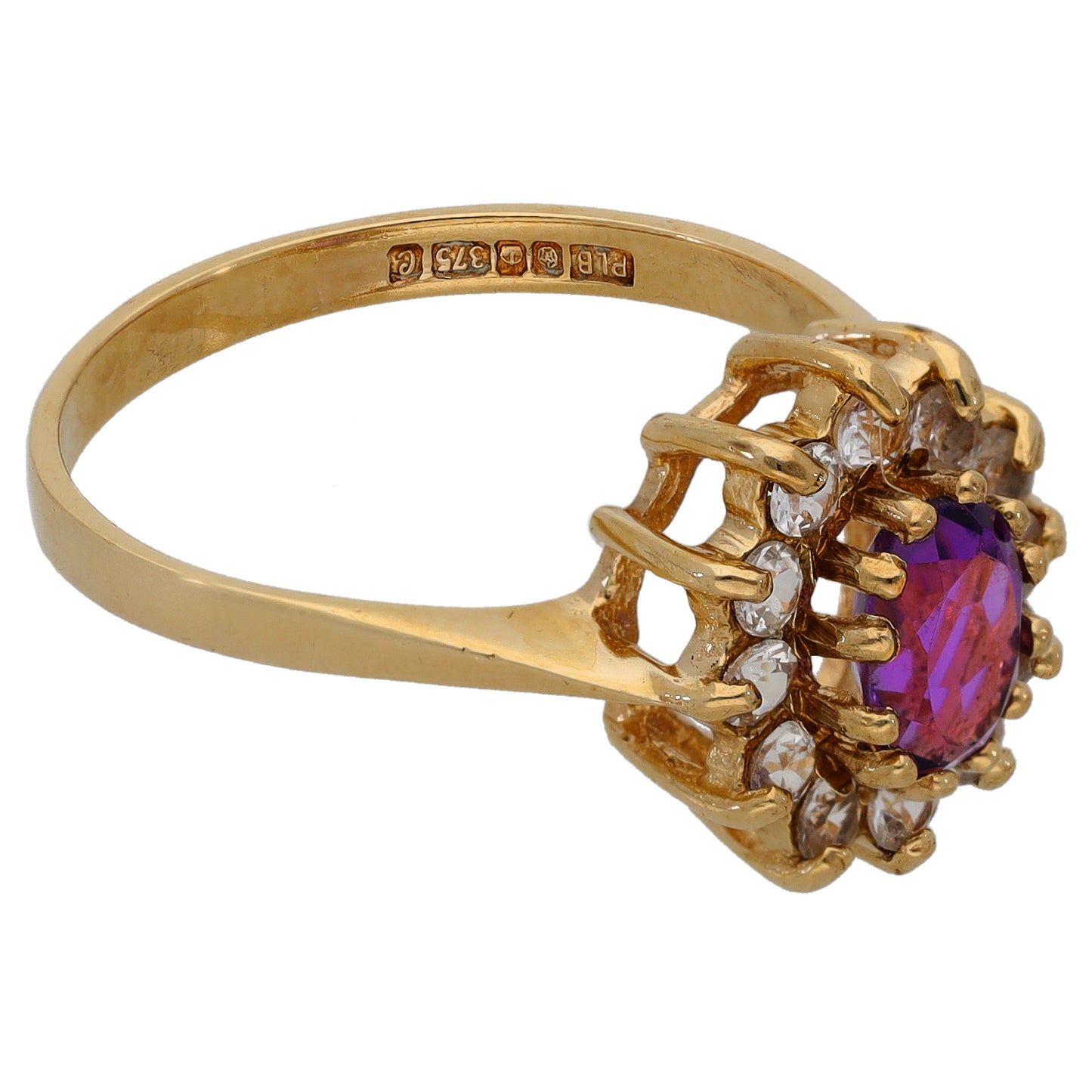 9ct Gold Amethyst & Imitation Gems Cluster Ring Size S