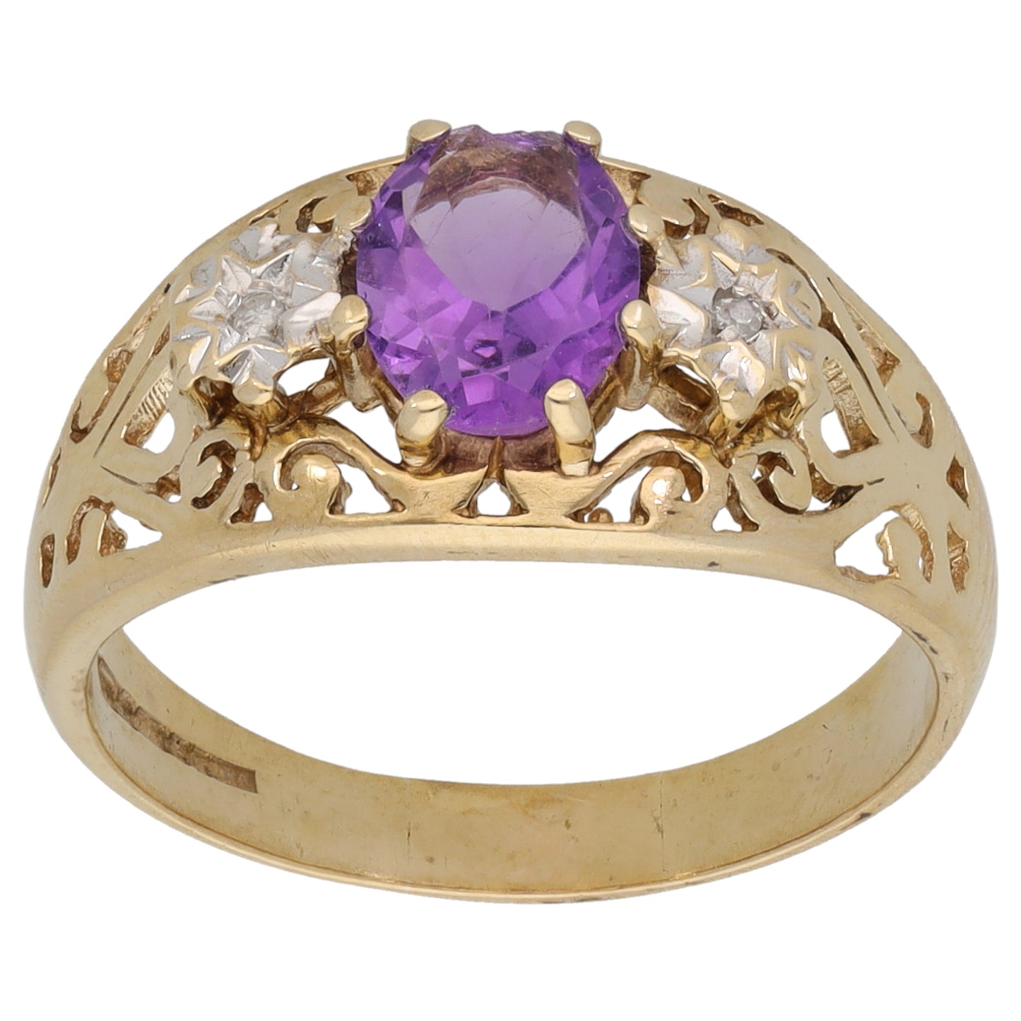9ct Gold Amethyst & 0.02ct Diamond Single Stone Ring with Accent Stones Size Q