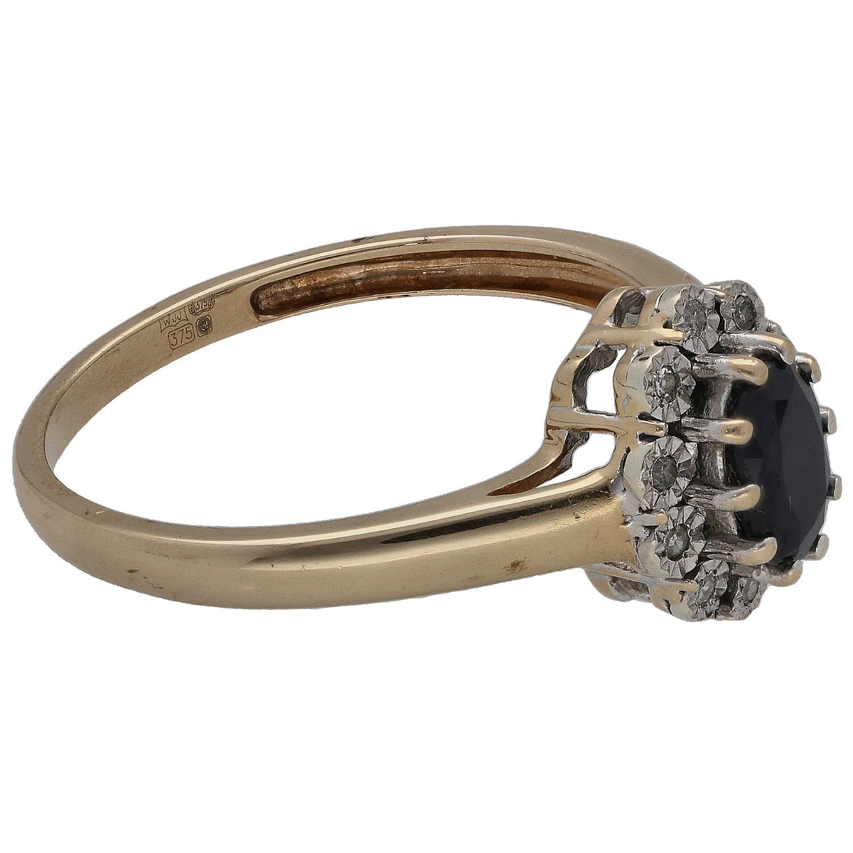 9ct gold solitaire ring profile with dark round center stone and prong-set round diamonds
