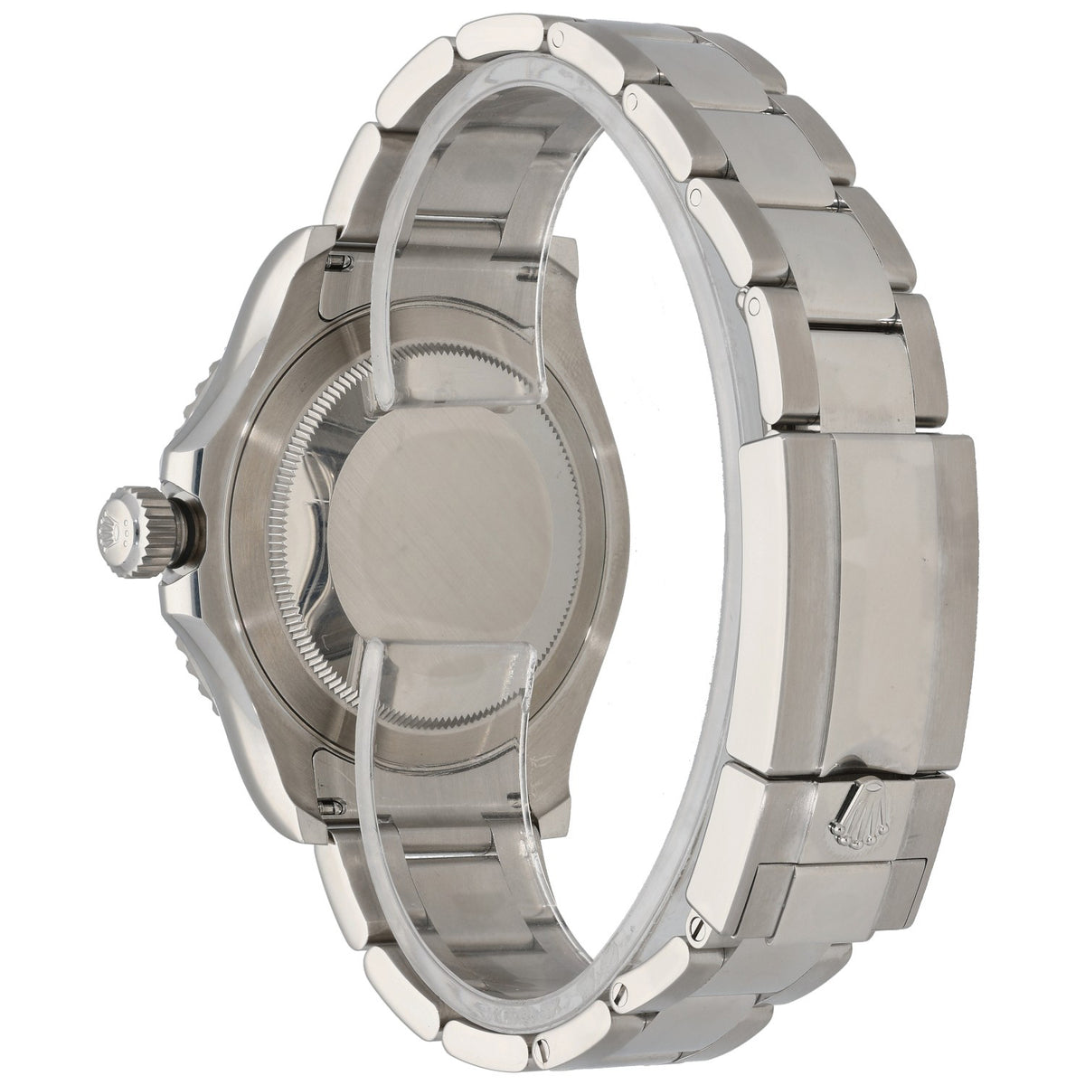 Rolex Yacht Master 126622 platinum watch caseback view on steel bracelet