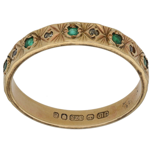 9ct Gold Emerald & 0.02ct Diamond Half Eternity Ring Size O