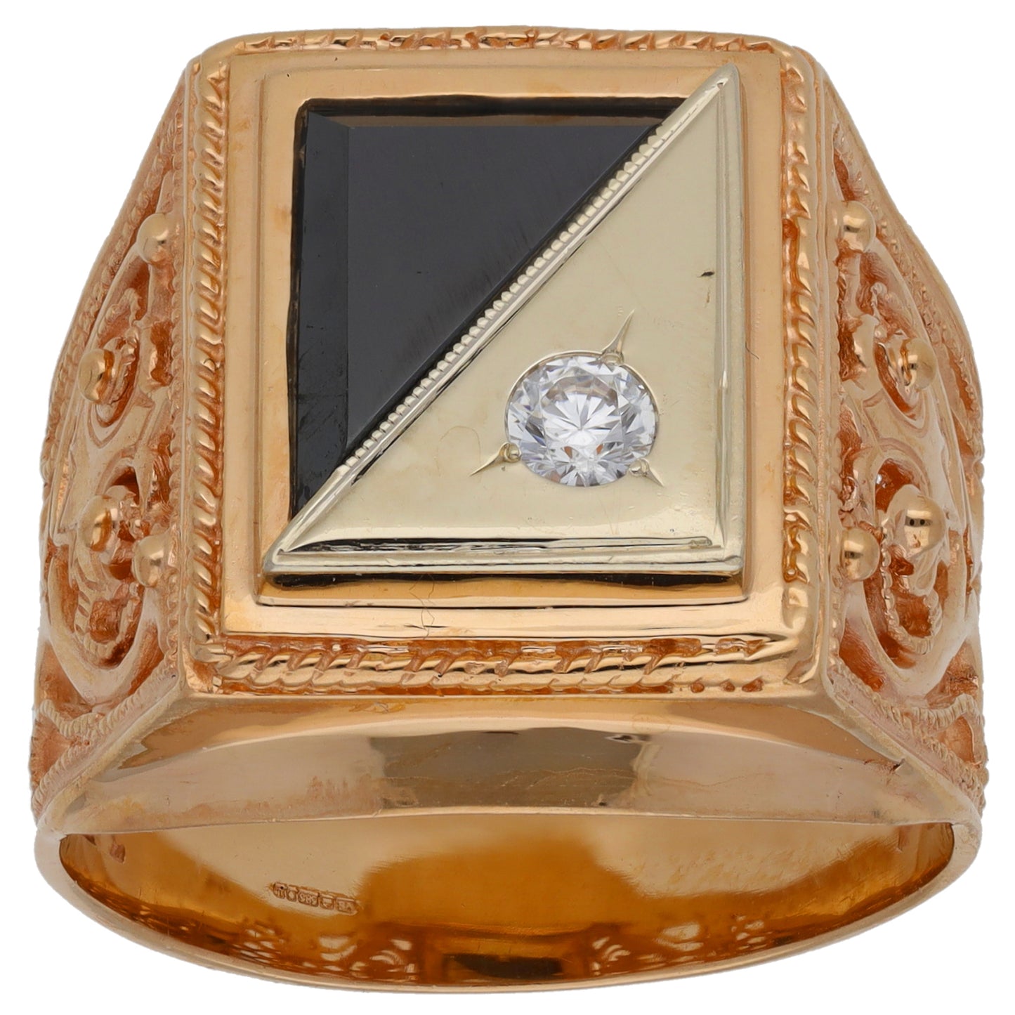 14ct Gold Onyx & Cubic Zirconia Patterned Signet Ring Size Y