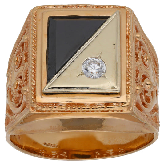 14ct Gold Onyx & Cubic Zirconia Patterned Signet Ring Size Y