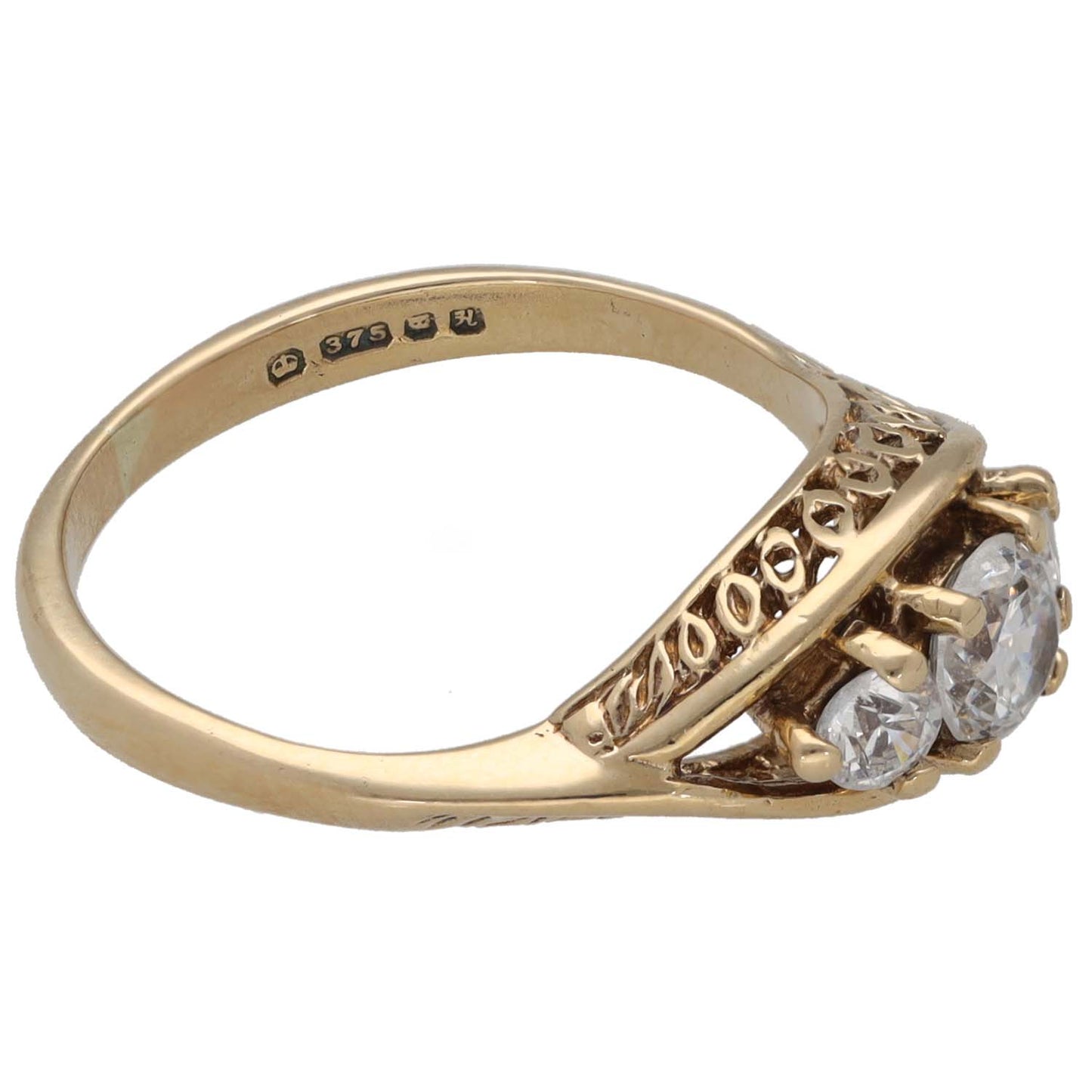 9ct gold CZ three-stone ring, size K, engraved band with three stone settings