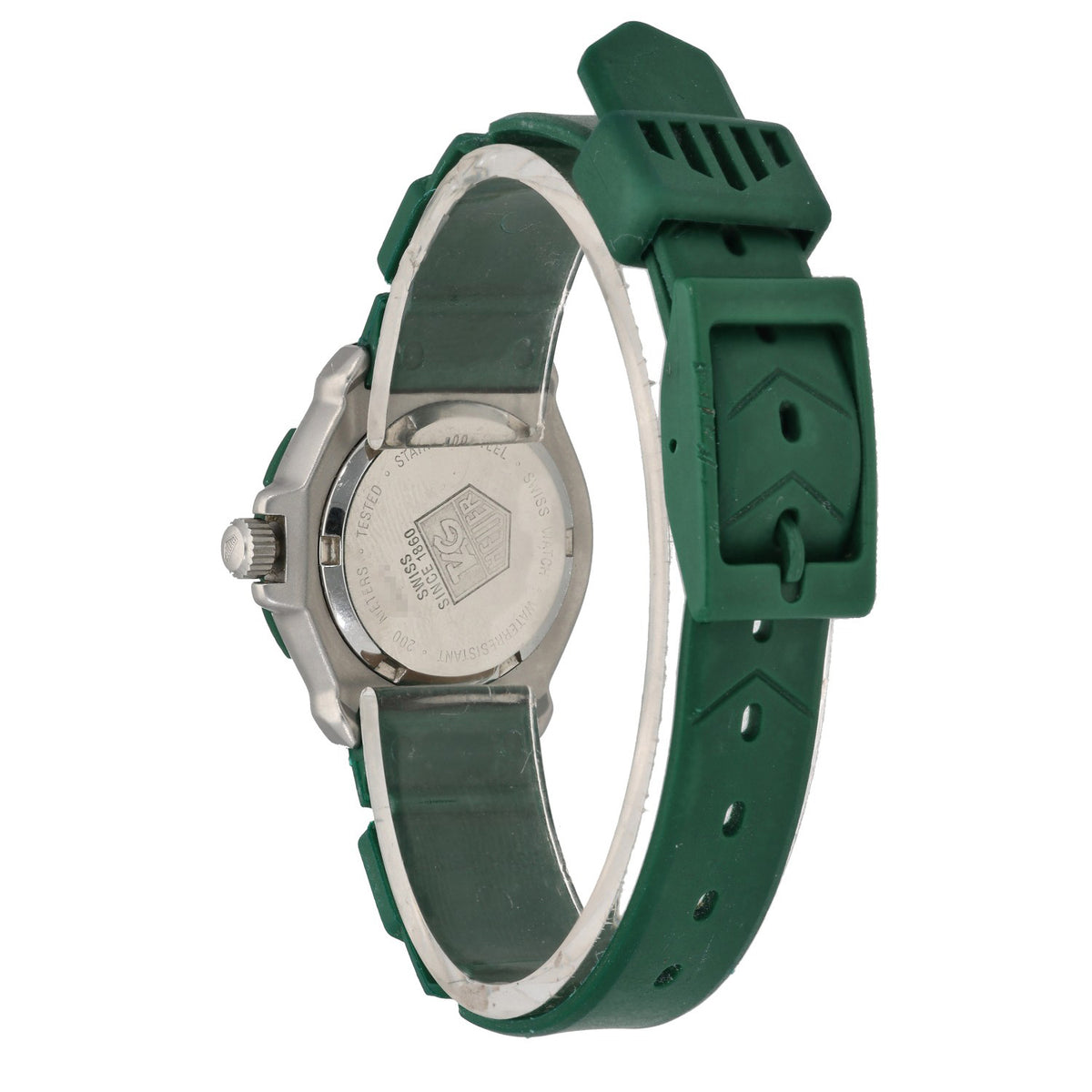 Tag Heuer Formula 1 WA1412, with a dark green rubber bracelet, rear facing image.