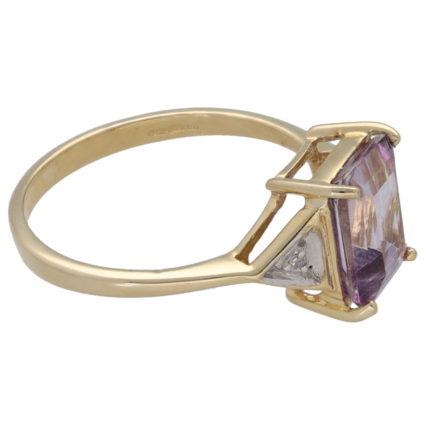 9ct Gold Amethyst & 0.02ct Diamond Three Stone Ring Size M
