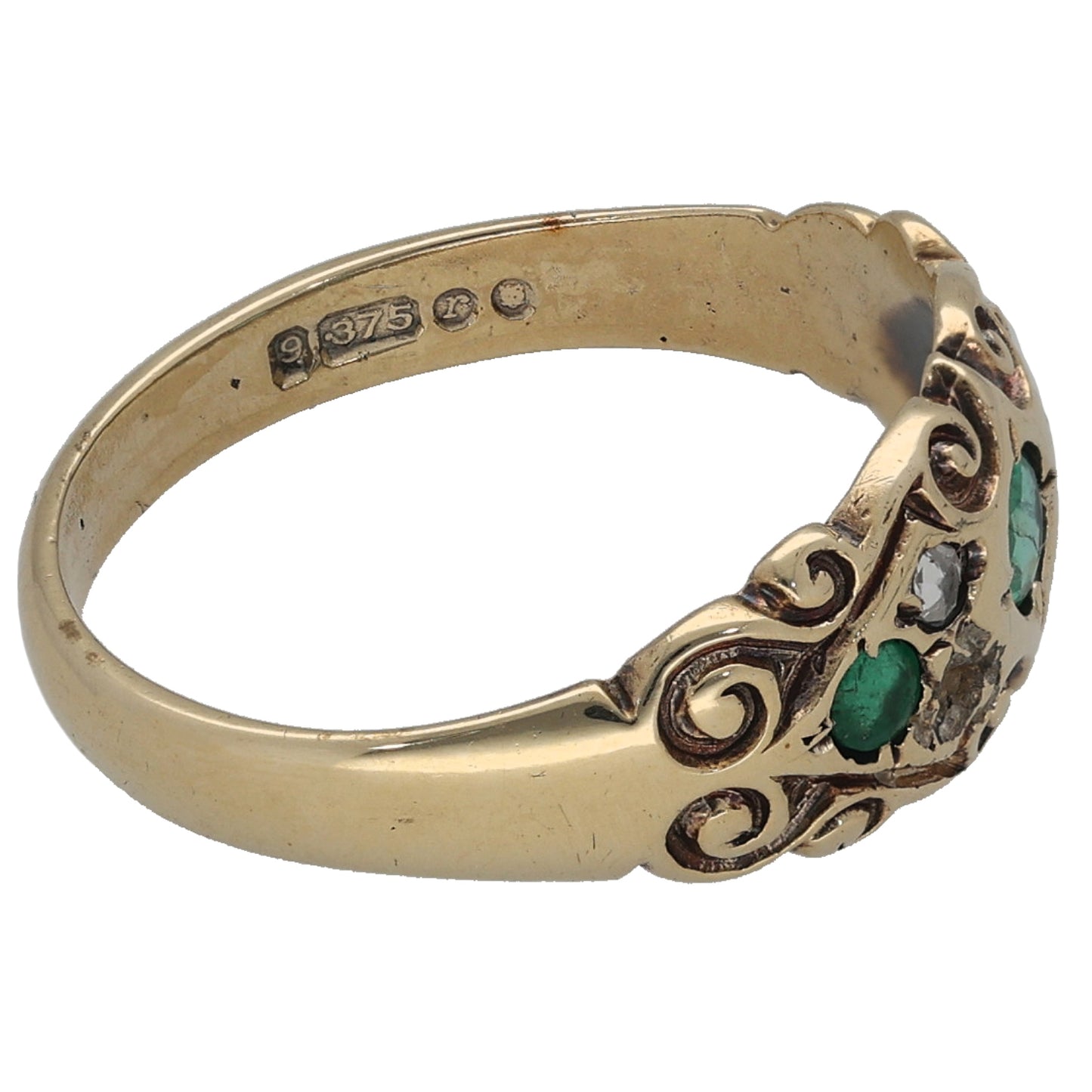 9ct Gold Emerald & 0.04ct Diamond Stone Set Ring Antique & Vintage Size L