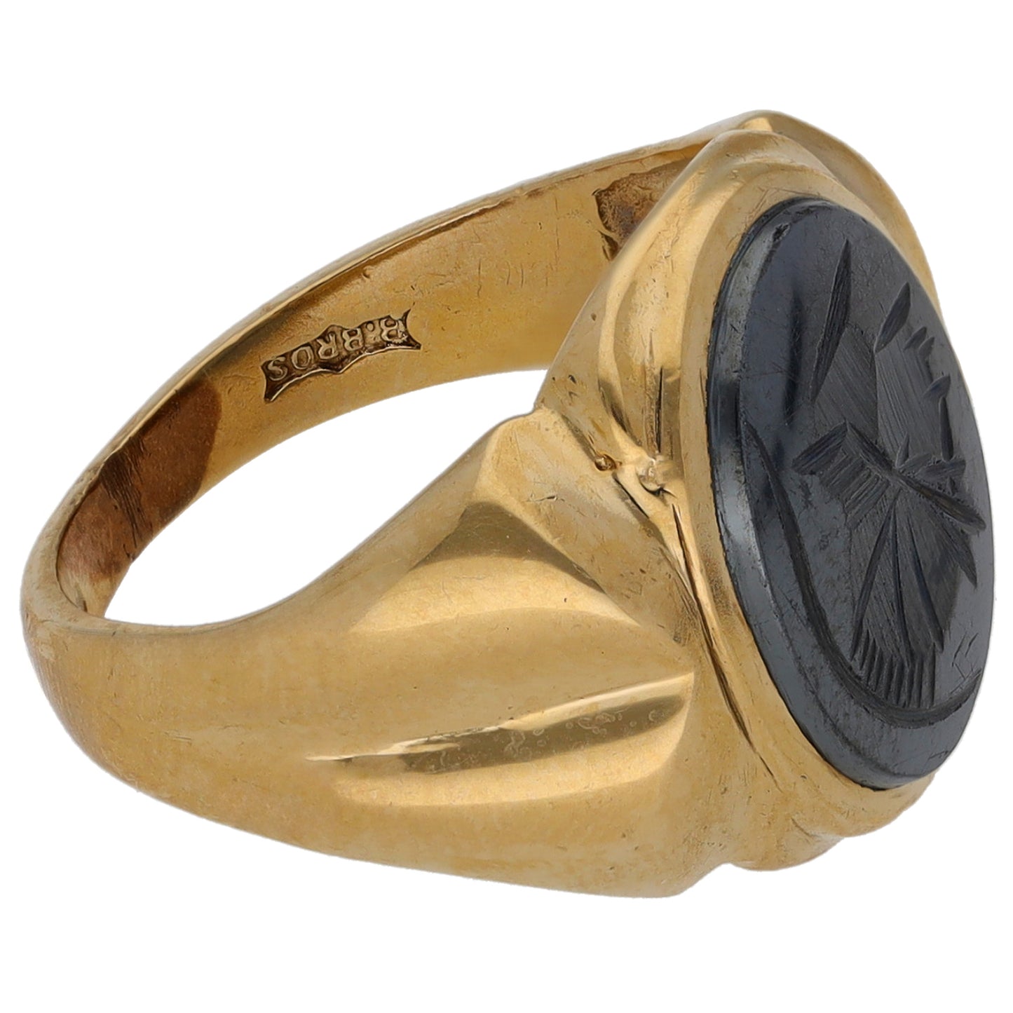 9ct Gold Hematite Crest/Emblem Single Stone Signet Ring Size Q