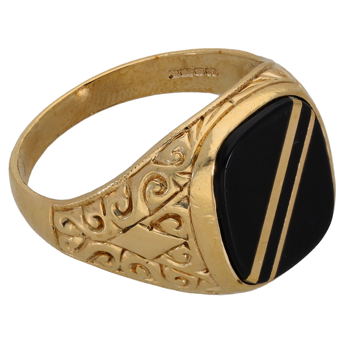 9ct Gold Onyx Patterned Single Stone Signet Ring Size U