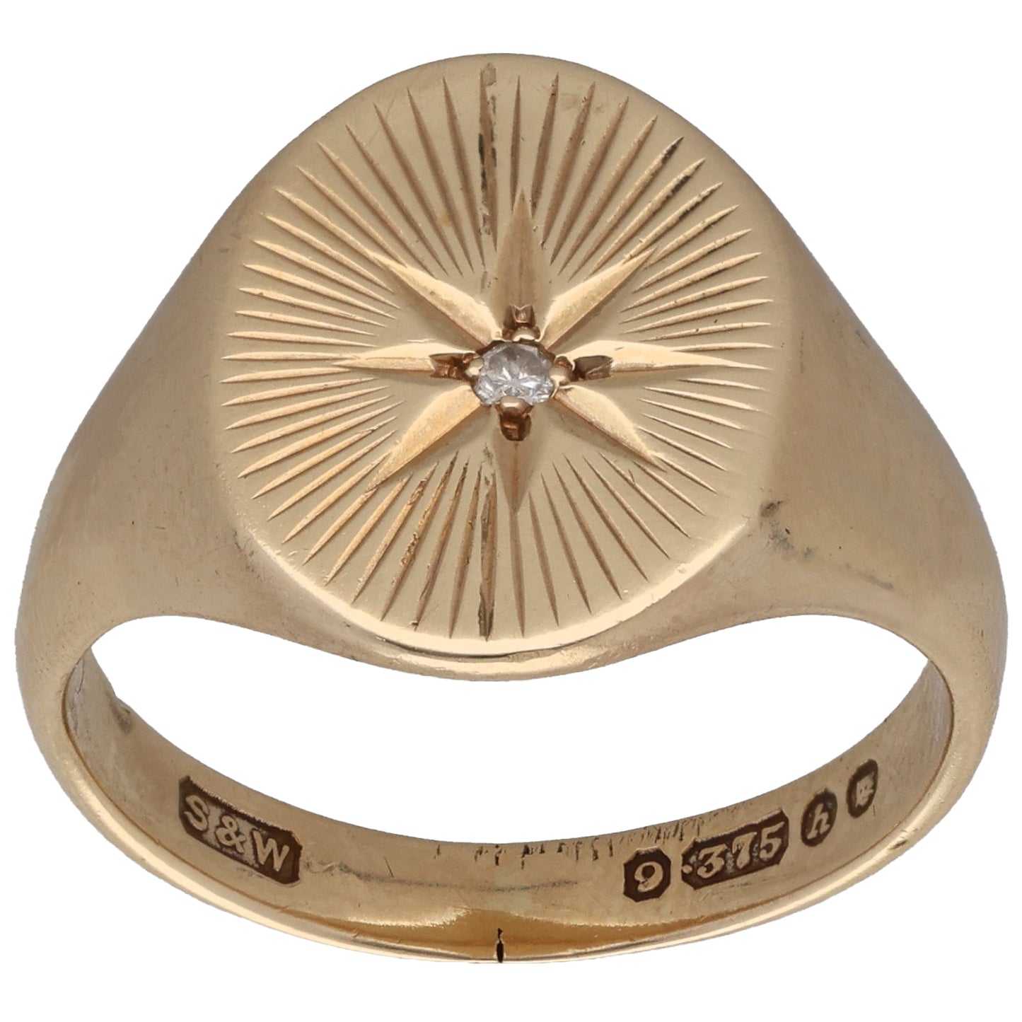 9ct Gold 0.02ct Diamond Patterned Single Stone Signet Ring Size O