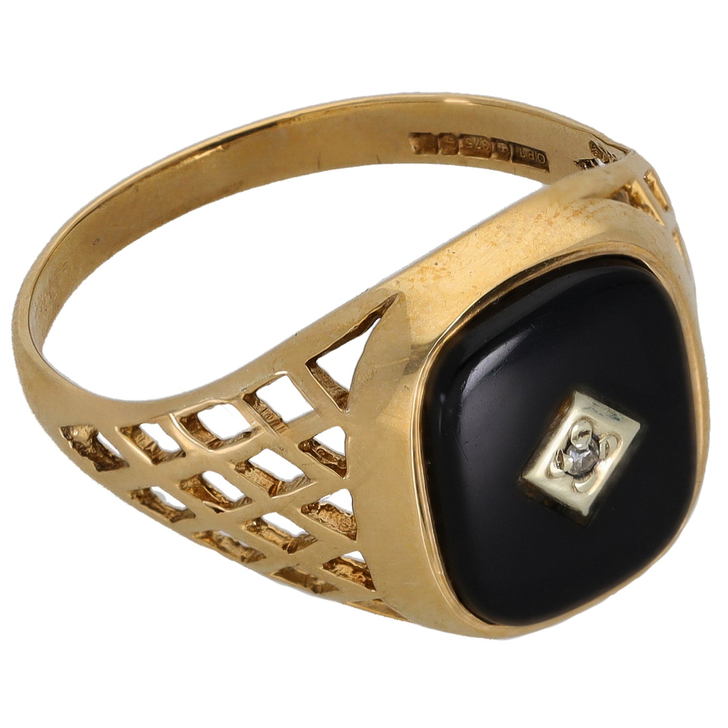9ct Gold Onyx & 0.005ct Diamond Patterned Signet Ring Size S
