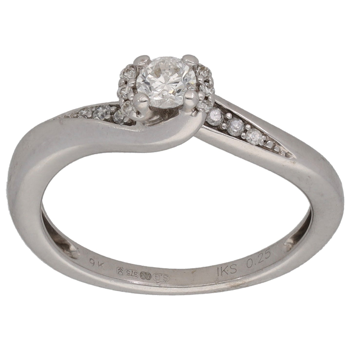 9ct White Gold 0.25ct Diamond Solitaire Ring With Accent Stones Size L