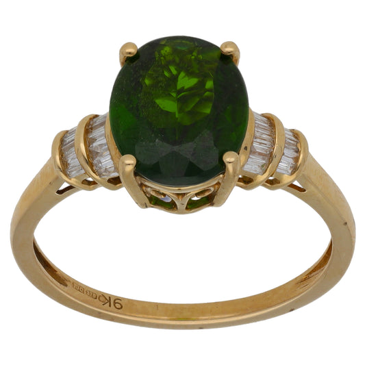 9ct Gold Diopside & 0.24ct Diamond Single Stone Ring with Accent Stones Size T