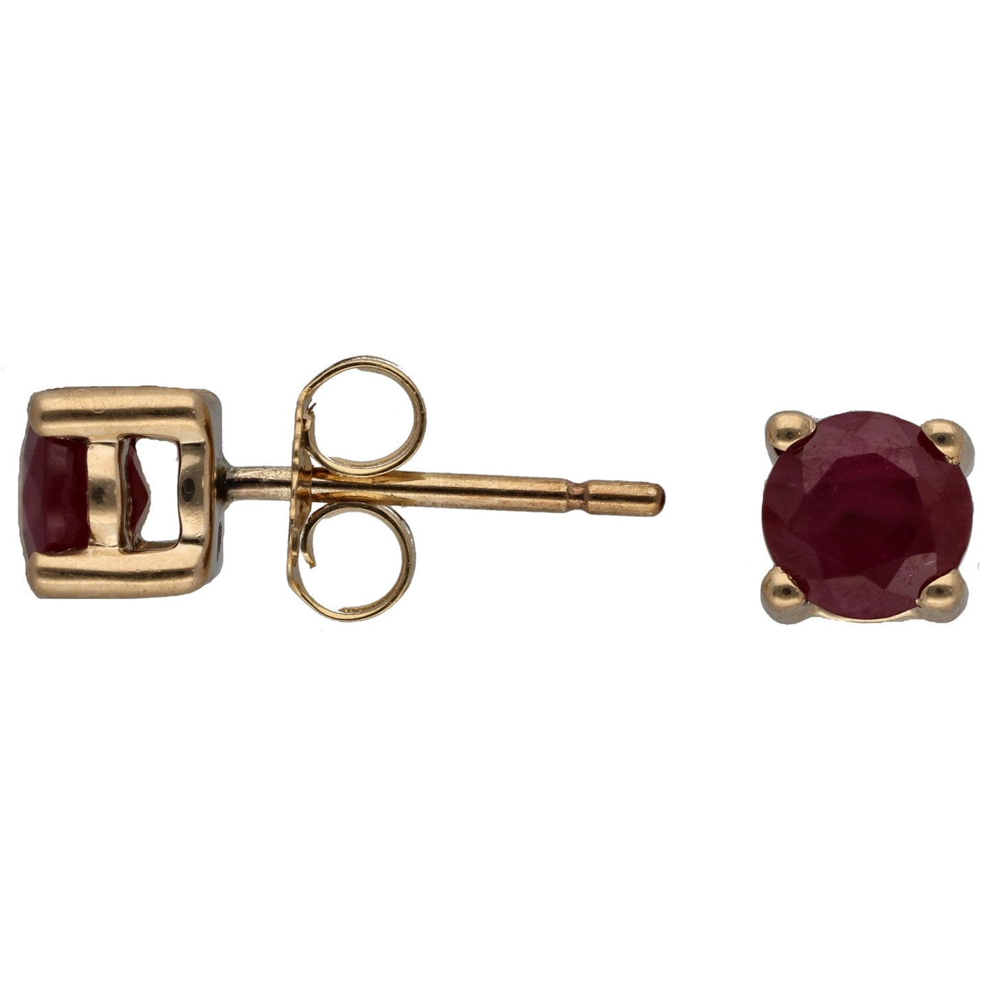 9ct gold stud earring with round red ruby, bezel-set with post and backing.