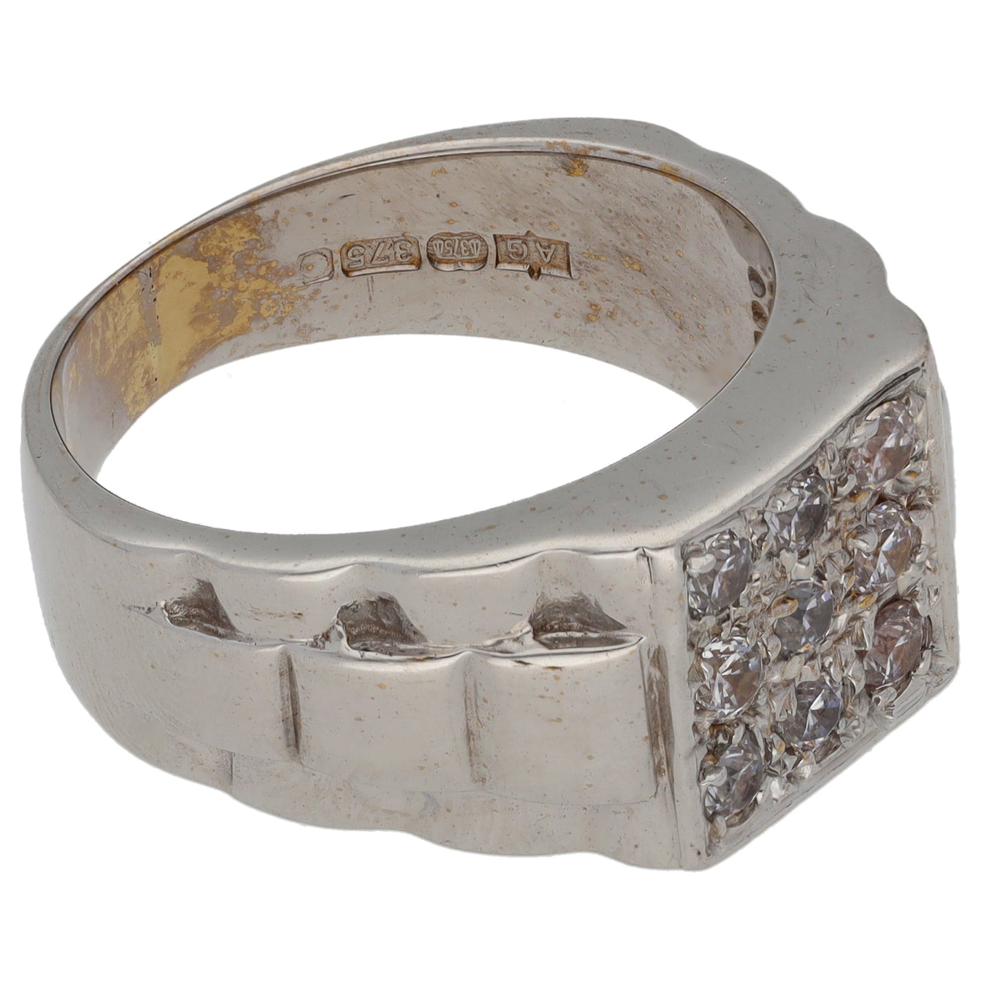 9ct White Gold Cubic Zirconia Patterned Signet Ring Size U