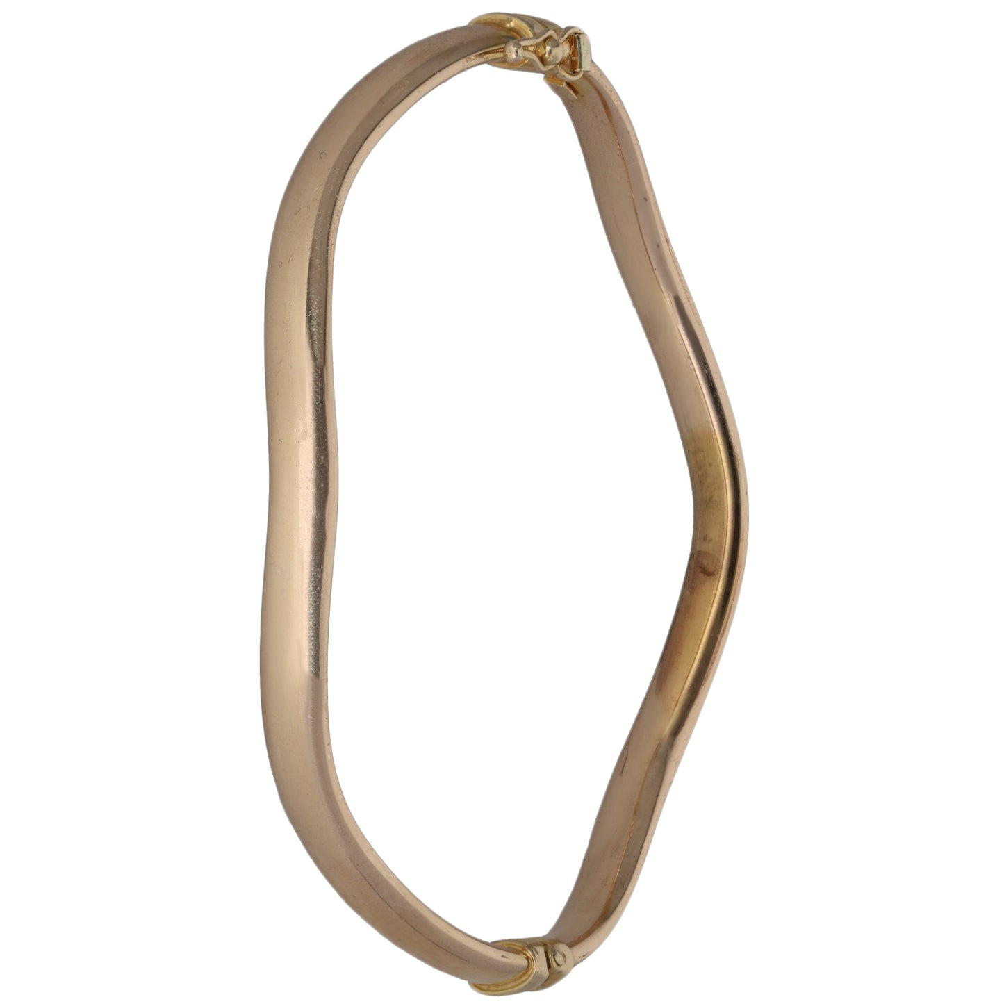 Polished 9ct gold oval bangle with small hinge-and-clasp detail near top