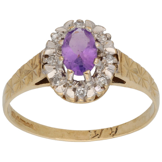 9ct Gold Amethyst & 0.04ct Diamond Dress/Cocktail Ring Size M