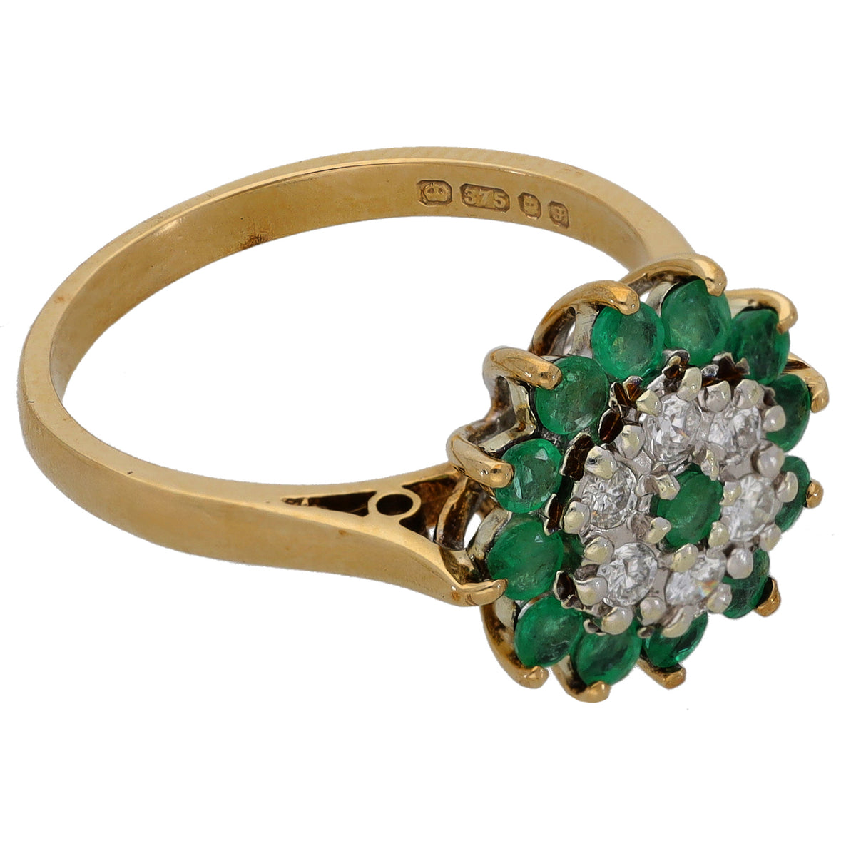 9ct Gold Emerald & 0.30ct Diamond Cluster Ring Size O