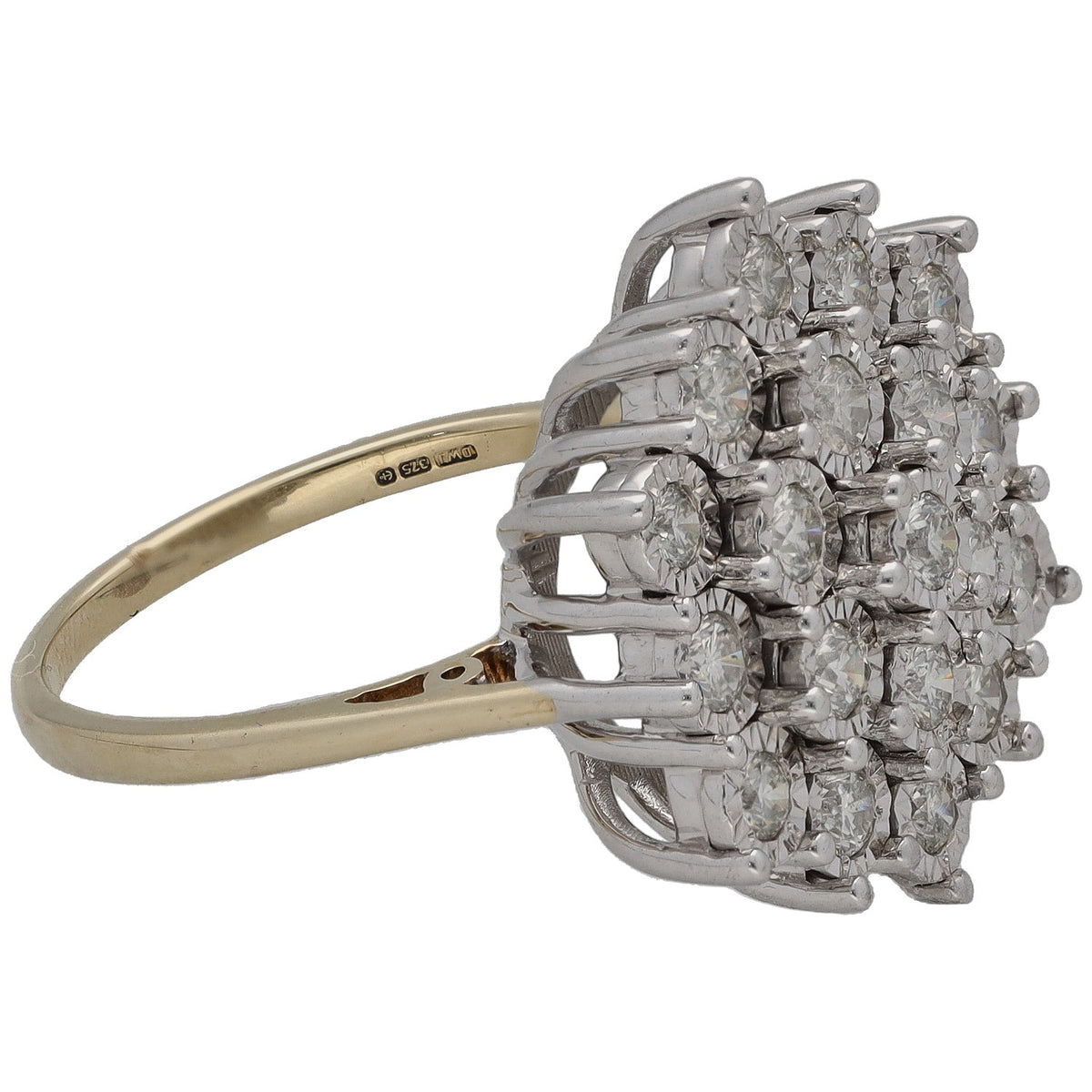 Bicolour gold diamond cluster ring, side view showing prong-set round stones