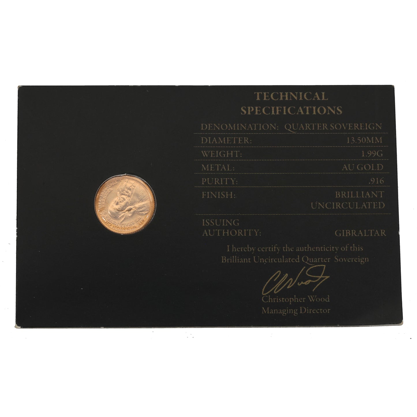 22ct Gold Winston Churchill We Shall Never Quarter Sovereign Coin 2024