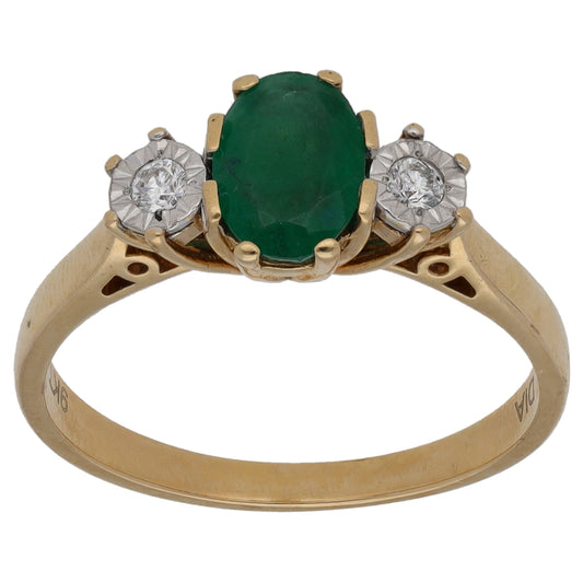 9ct Gold Emerald & 0.06ct Diamond Trilogy Ring Size M