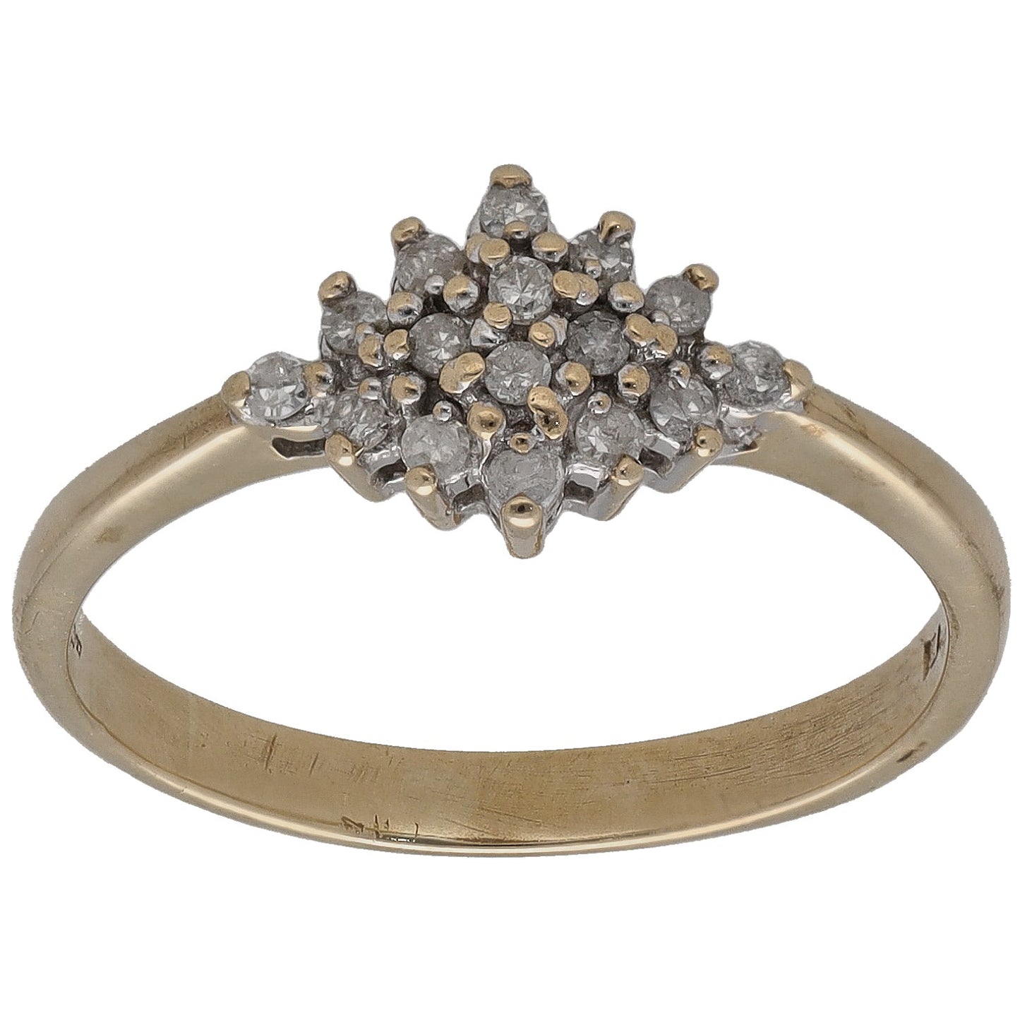 9ct gold round diamond cluster ring with small bezel-set stones, openwork head