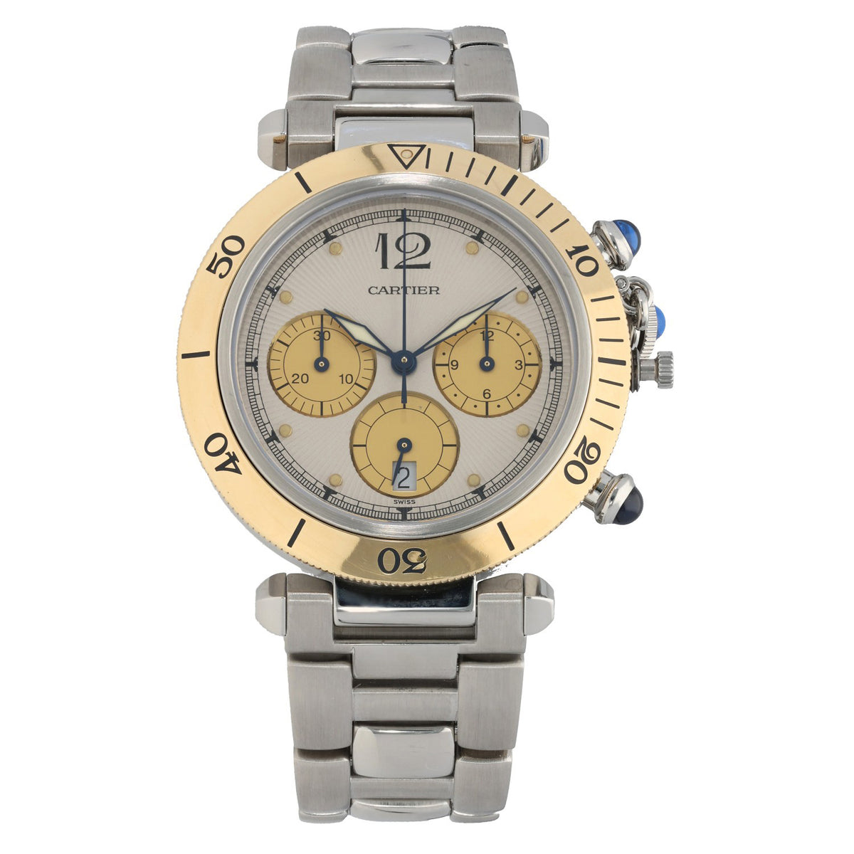 Cartier Pasha W3101155, with gold bezel on a 38mm stainless steel case and bracelet with blue sapphire crystal