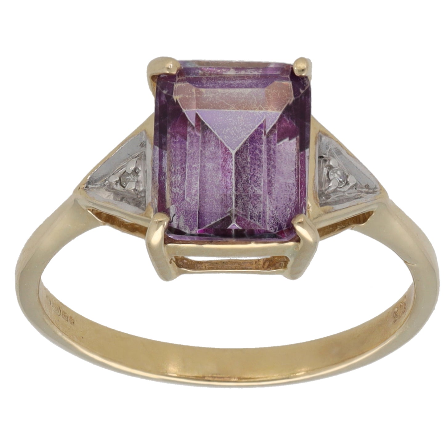 9ct Gold Amethyst & 0.02ct Diamond Three Stone Ring Size M