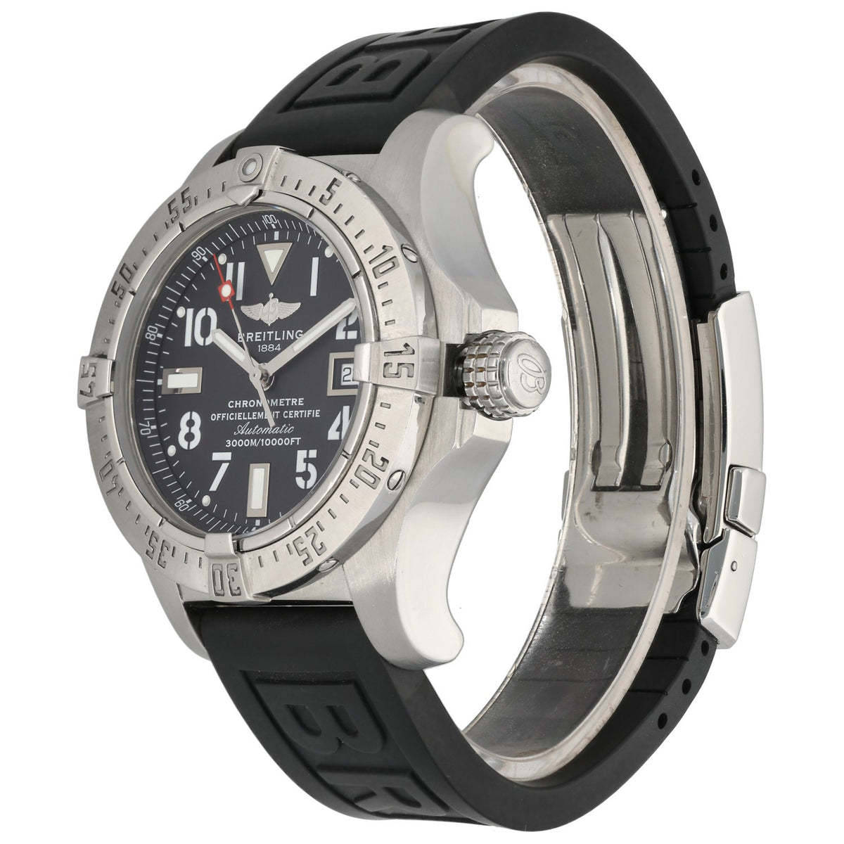 Breitling Chronomat A17330 stainless steel watch case with black rubber strap, side profile, crown detail.