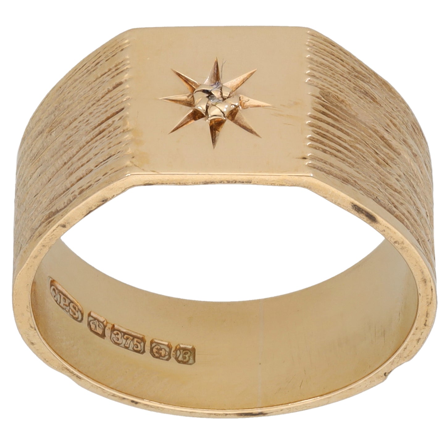 9ct Gold 0.0025ct Diamond Patterned Signet Ring Size P