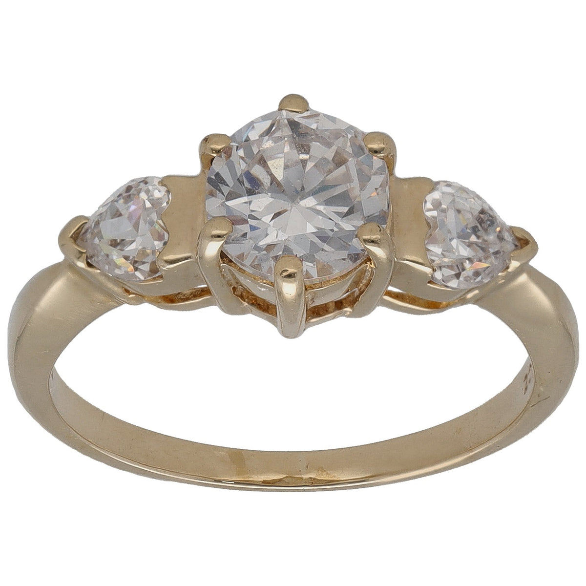 Gold CZ ring with large central stone and two side stones