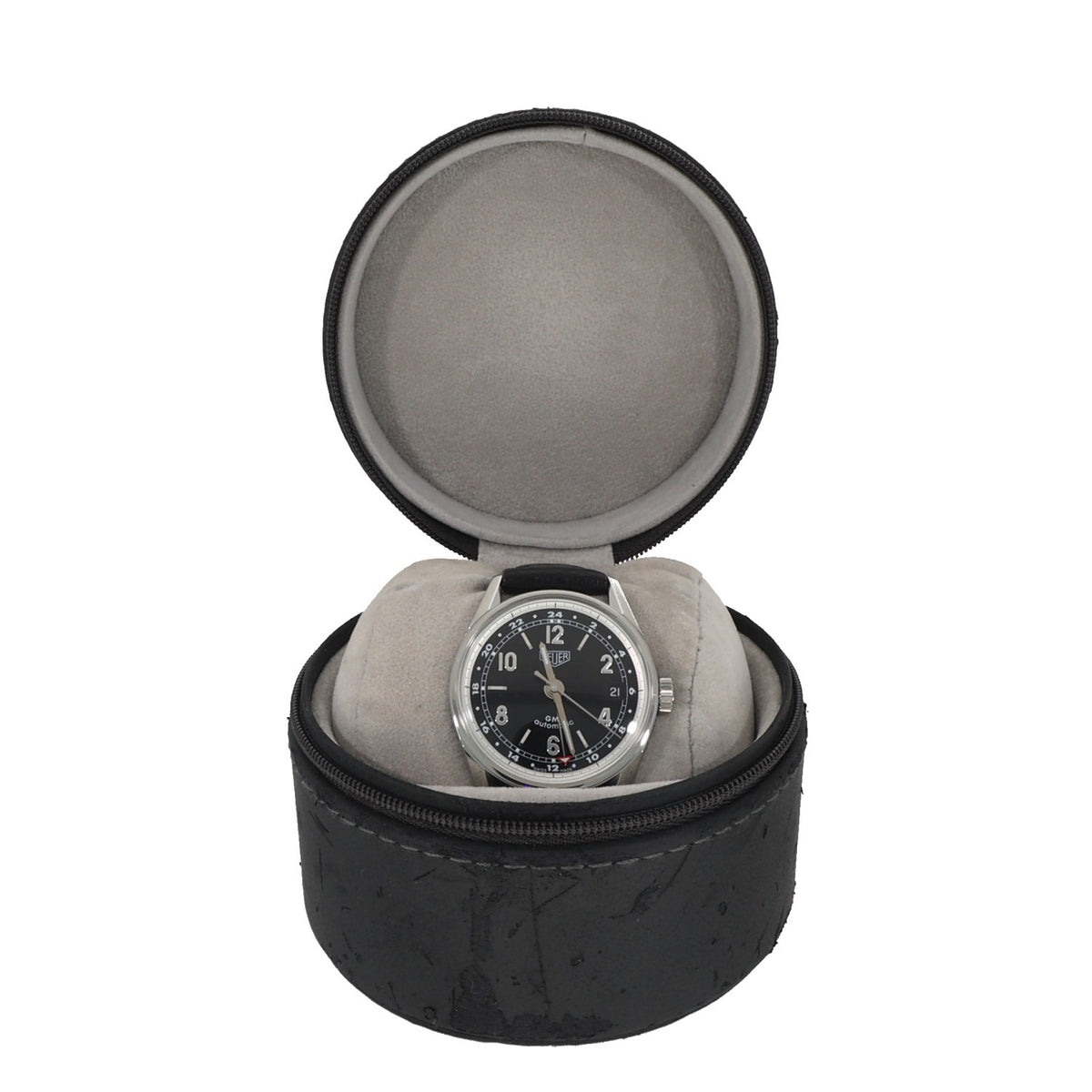 Tag Heuer Carrera GMT WS2113, black dial in stainless steel case and adjustable black leather bracelet, with grey cushion and zip up case