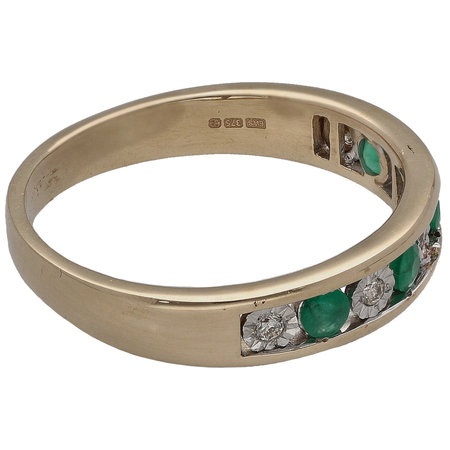 9ct Bicolour Gold 0.025ct Diamond & Emerald Half Eternity Ring Size Q