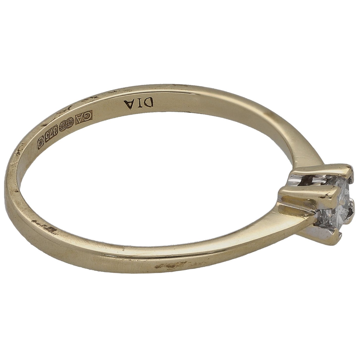 9ct gold square diamond solitaire ring, size P, angled view of square head