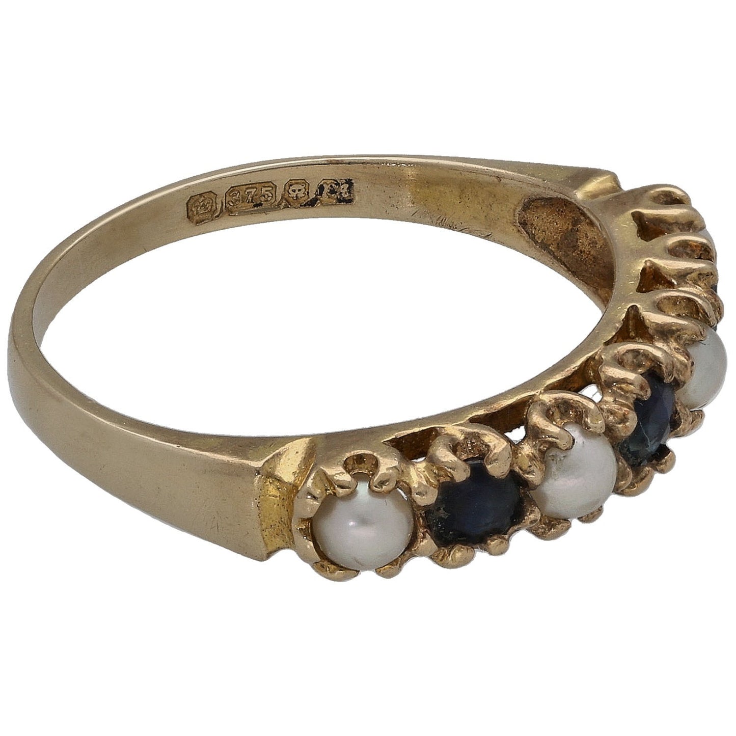 9ct Gold Sapphire & Cultured Pearl Half Eternity Ring Size N