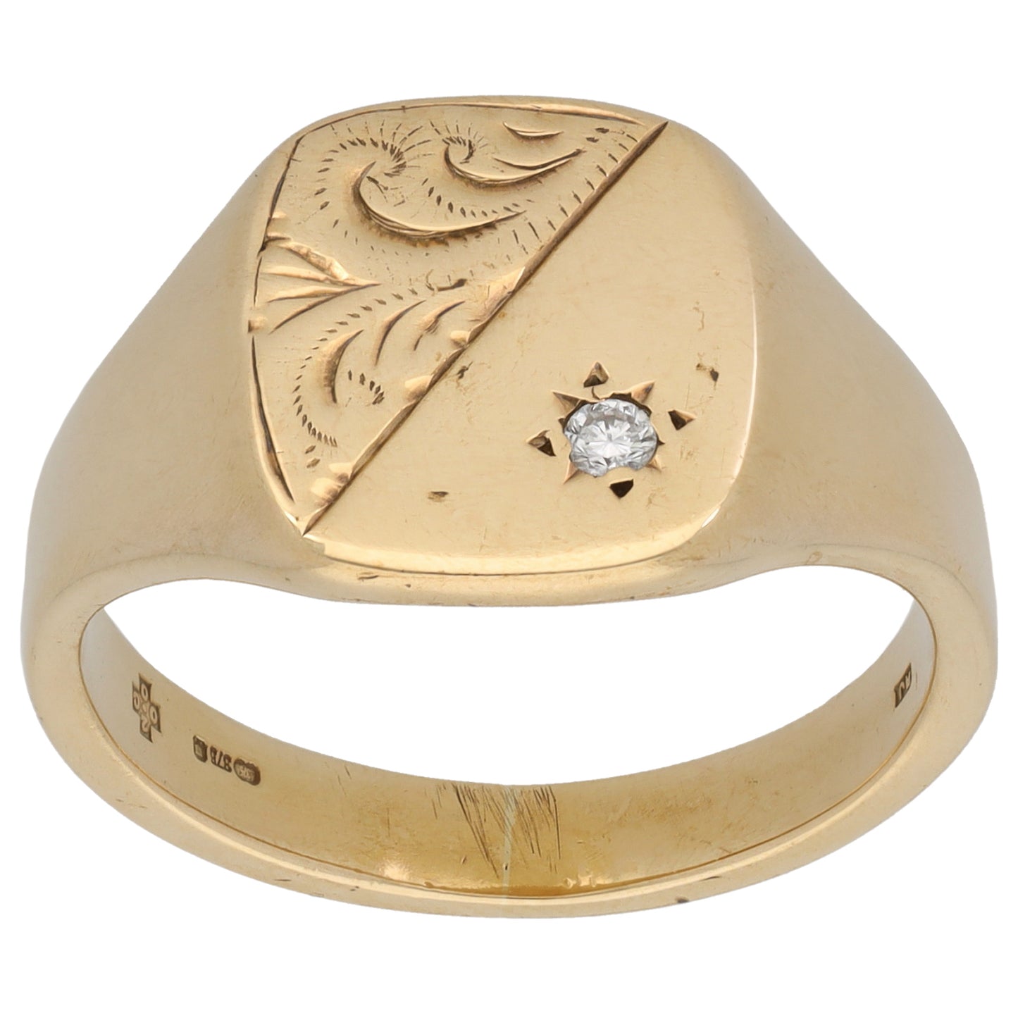 9ct Gold 0.02ct Diamond Patterned Signet Ring Size X