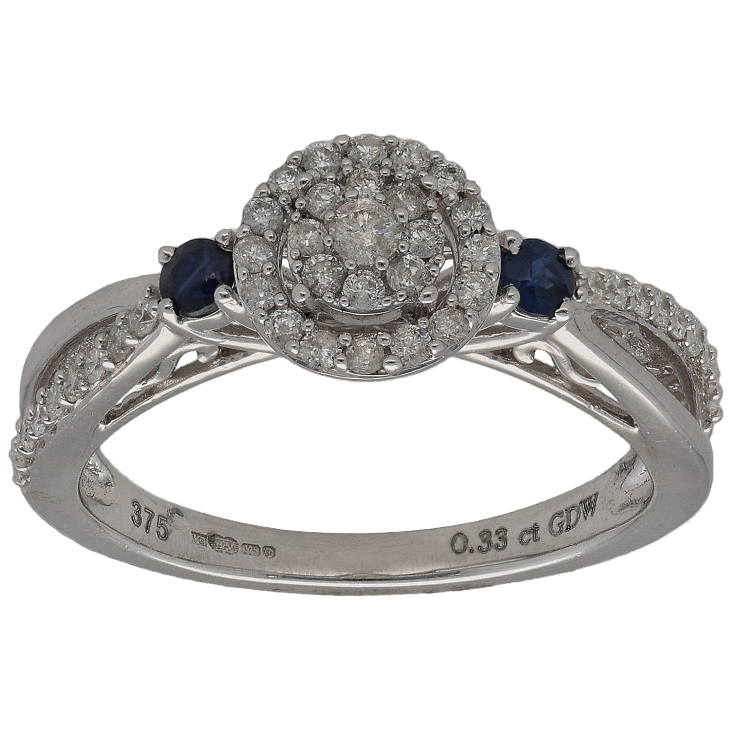 9ct White Gold Sapphire & 0.33ct Diamond Dress/Cocktail Ring Size M
